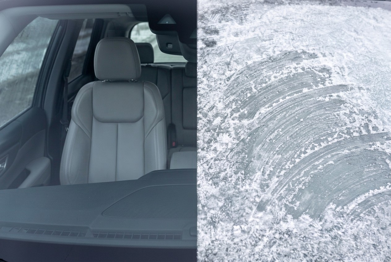 Close-up of a car windshield split down the middle: the treated left half is completely clear with the interior visible, the untreated right half is covered in thick frost with failed scraper streaks